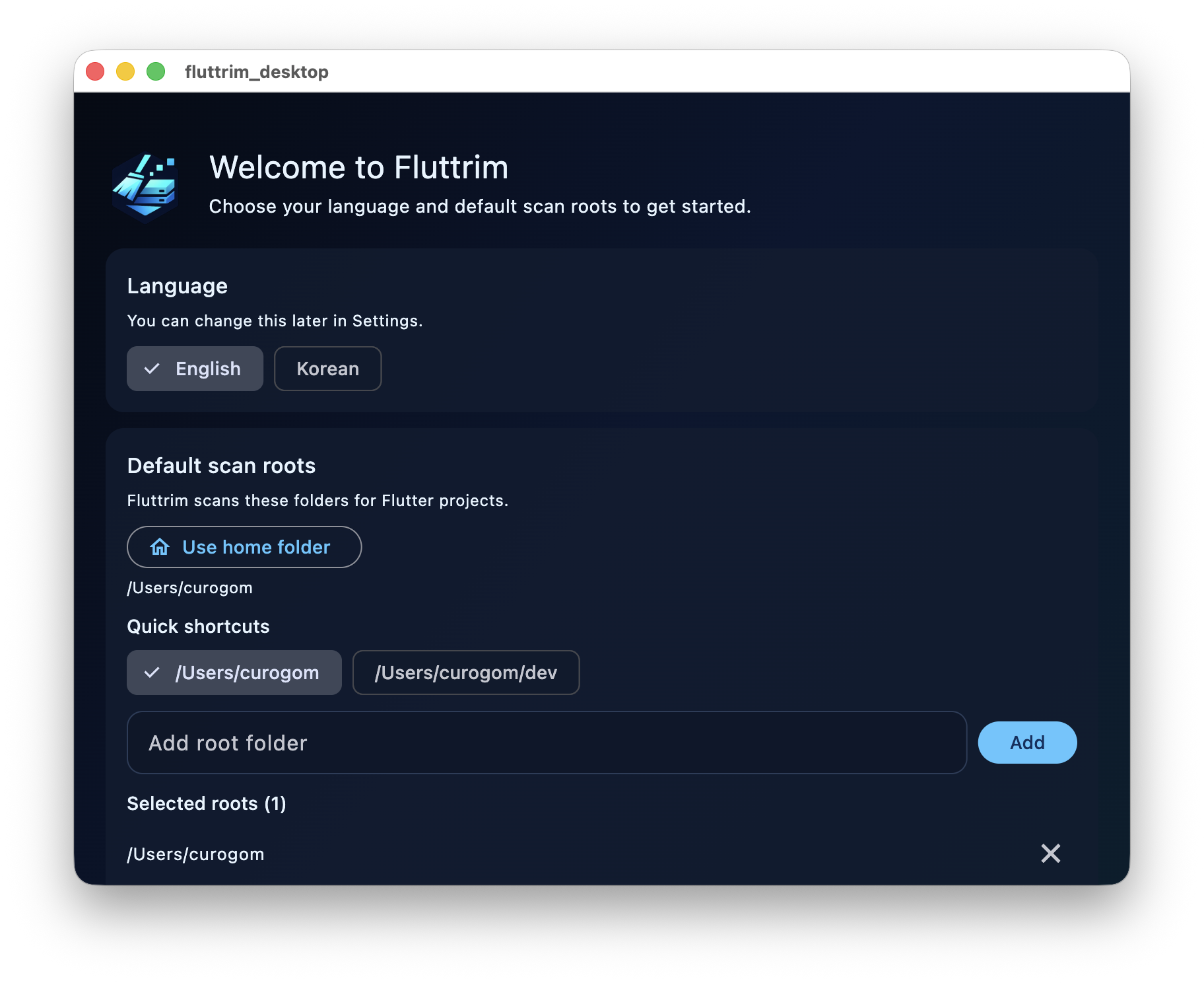 Fluttrim onboarding page for language and scan root selection